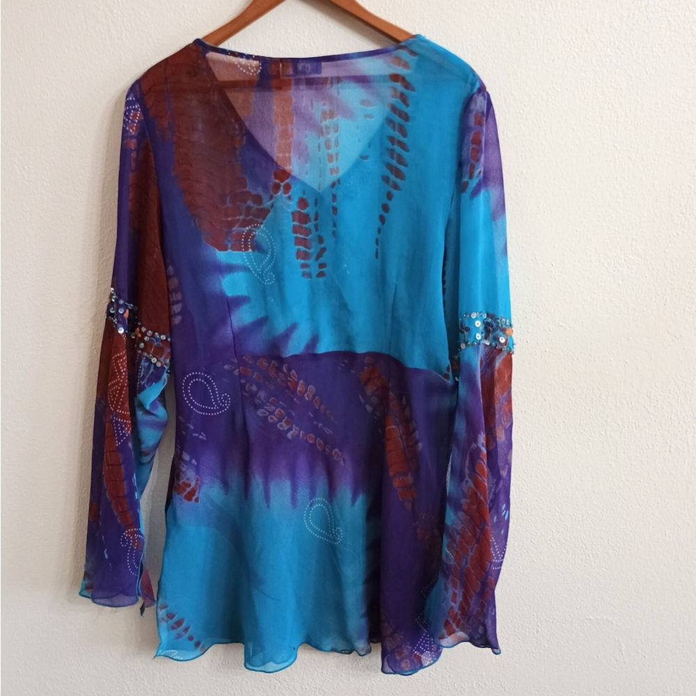 Phool Womens Tunic Blouse Blue Purple Sheer Sequin V Neck Lightweight Size XL - Picture 2 of 8